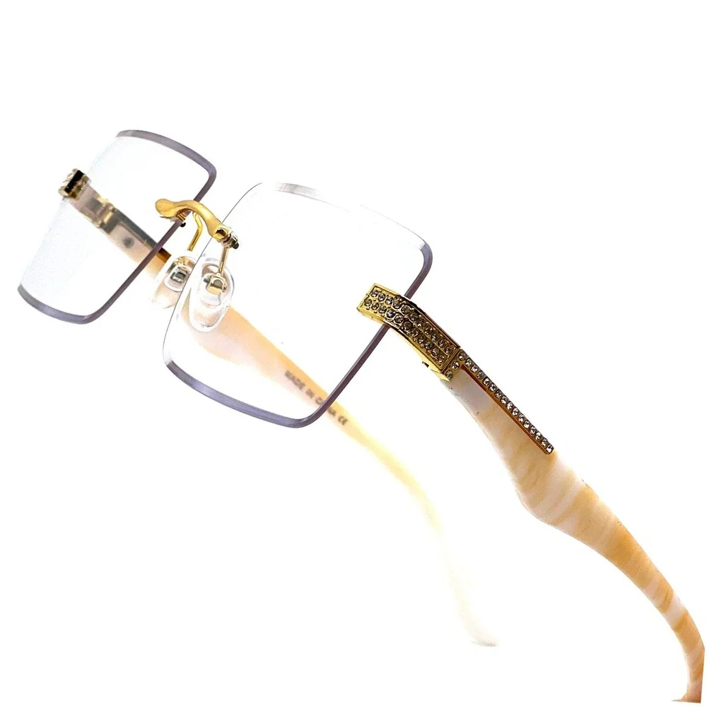 Men Fashion Rimless‎ Sunglasses Rectangle Clear Lens Gold Accent Eyewear Hip Hop